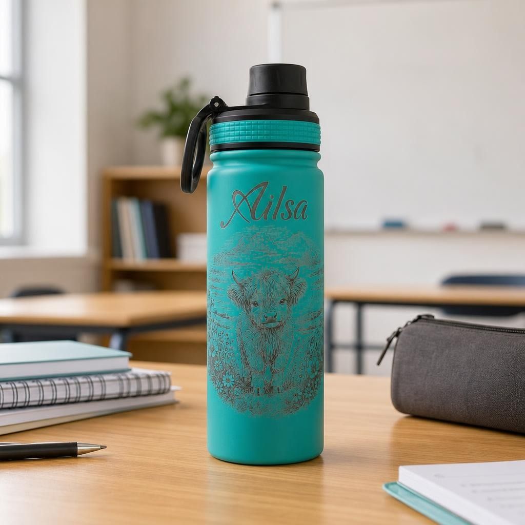 Oasis 550ml insulated sport bottle with sleek surface on a wooden desk in a bright classroom setting.
