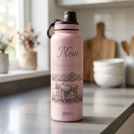 Large Oasis insulated sports bottle on a modern kitchen countertop, highlighting its glossy surface and sleek design.