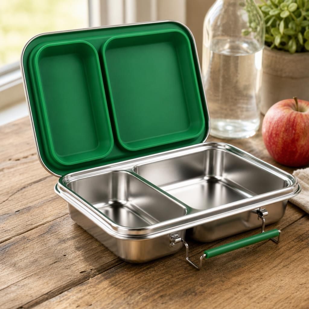 Close-up of stainless steel medium lunchbox with two compartments, showcasing leak-resistant design on rustic wooden table with natural morning light.