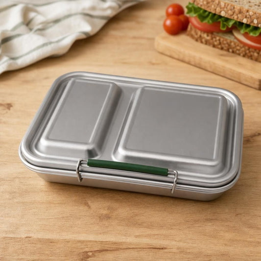Medium stainless steel lunchbox with two compartments, designed for personalized engraving and leak resistance.