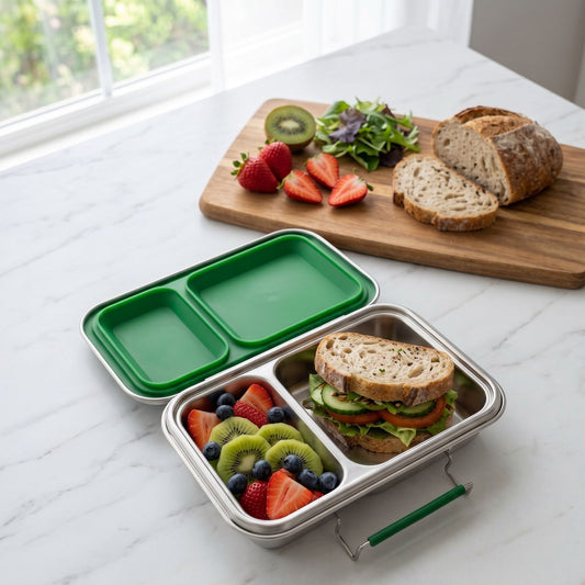 Full view of a stainless-steel lunchbox with two compartments on a minimalist kitchen countertop, showcasing its secure latch and modern design.