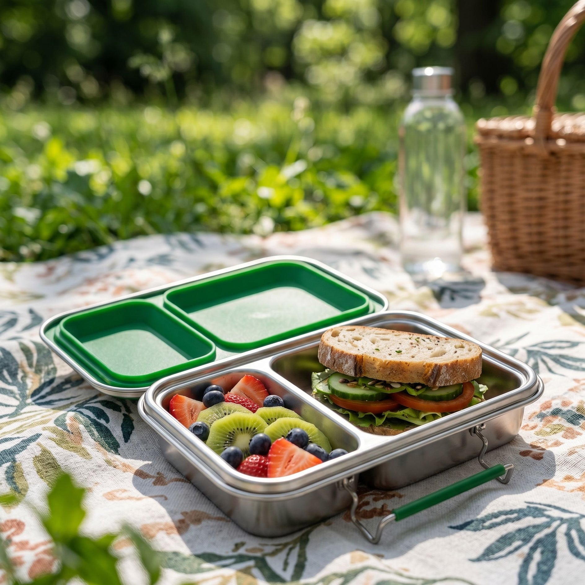 Stainless-steel lunchbox with open compartments on a picnic blanket outdoors, emphasizing its shine and spaciousness in natural light.