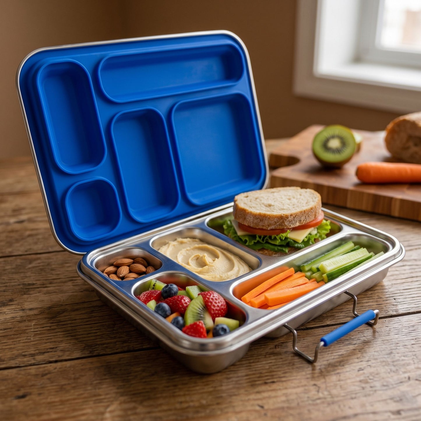 Close-up of a stainless-steel large lunchbox on a rustic wooden table, highlighting its sleek finish and reflective surface in natural light.