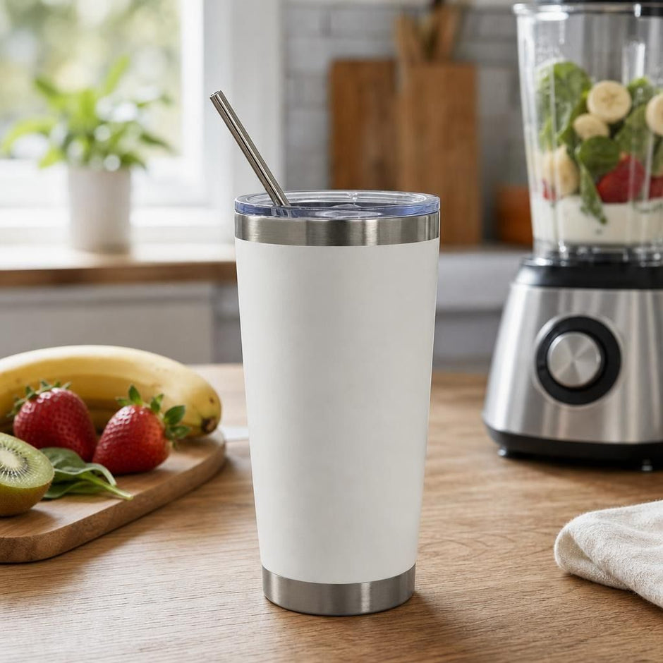 Insulated 590ml smoothie cup with lid and stainless straw on wooden table, highlighting glossy finish and stainless texture in natural light.